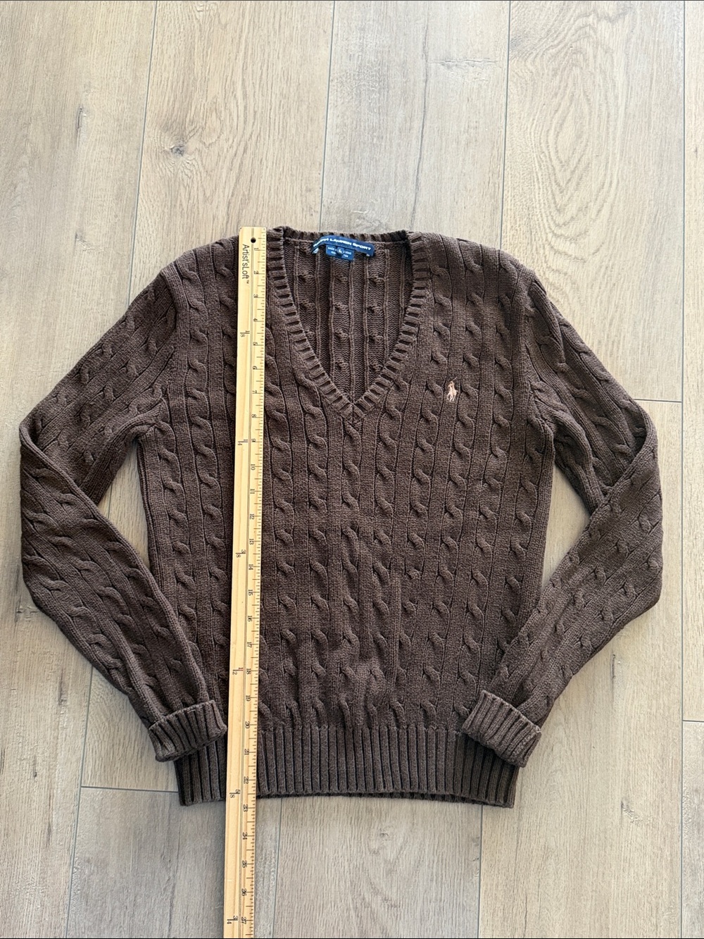 VTG Ralph Lauren Sport Chocolate Brown Cable-Knit V-Neck Sweater Size L Pony - Picture 11 of 12